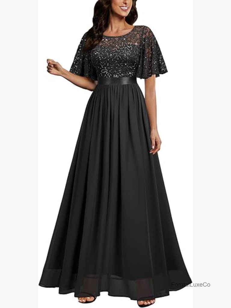 Elegant Sequin Lace Maxi Dress With Butterfly Sleeves